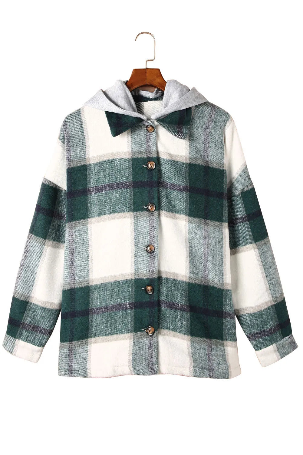 Green Hooded Plaid Button Front Shacket - Chic Meadow Boutique 