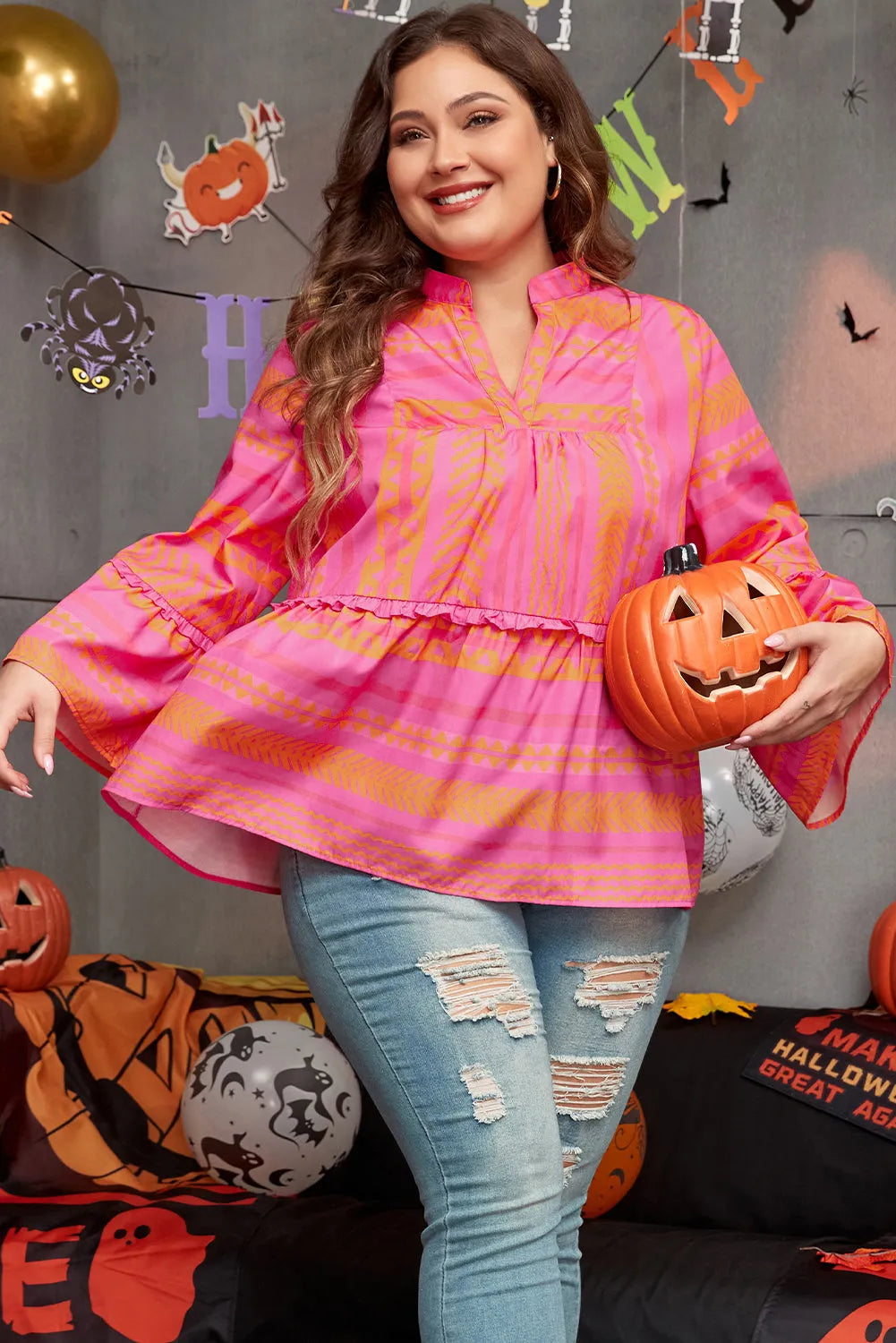 Vitality Orange Plus Size Geometric Embroidered Bell Sleeve Babydoll Blouse - Chic Meadow Boutique 