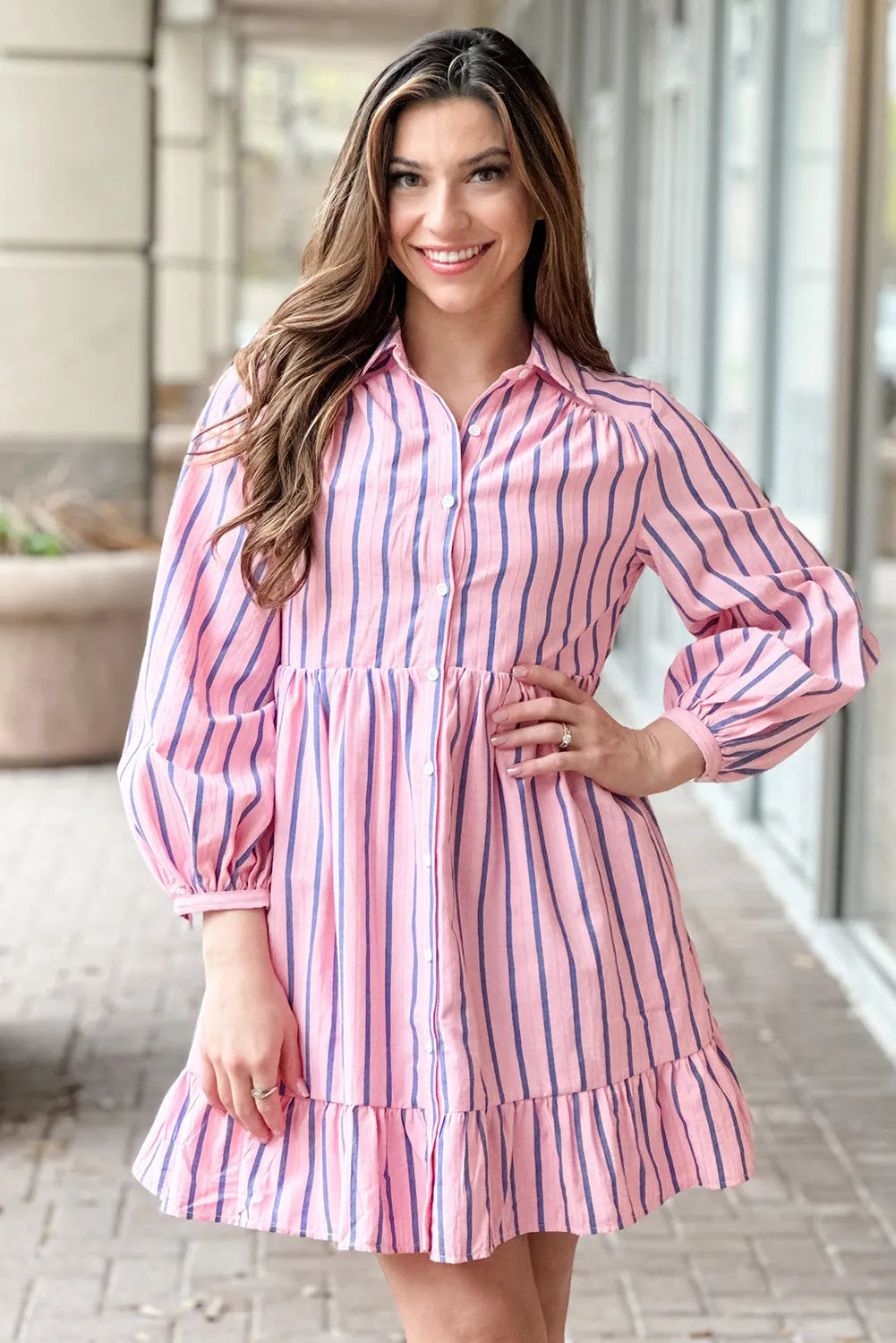 Pink Stripe Ruffled Hem Button-up Collared Shirt Mini Dress - Chic Meadow Boutique 