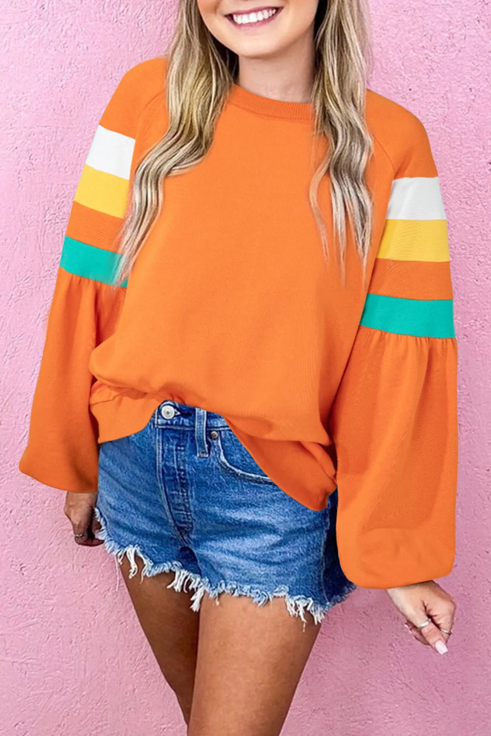 Flamingo Color Block Sleeve Exposed Seam Raglan Sweatshirt - Chic Meadow Boutique 