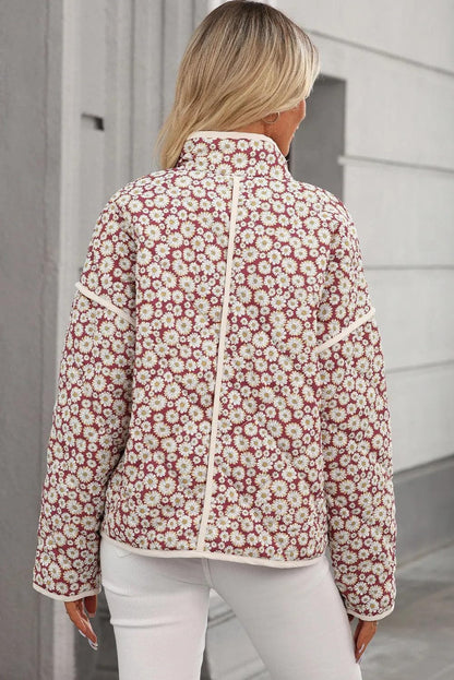 Outerwear/Coats Pink Floral Print Contrast Edge Stand Neck Coat