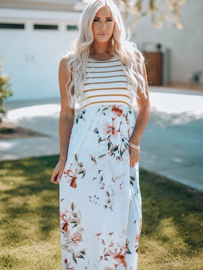 Dresses/Maxi Dresses White Striped Floral Print Sleeveless Maxi Dress with Pocket