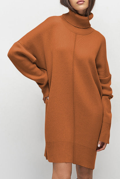 Gold Flame Solid Color Turtleneck Drop Shoulder Loose Sweater Dress