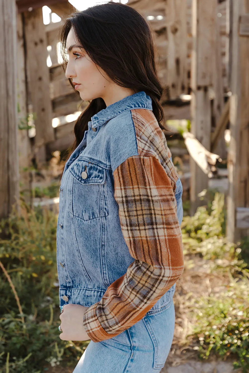 Sky Blue Medium Wash Plaid Sleeves Denim Jacket - Chic Meadow Boutique 