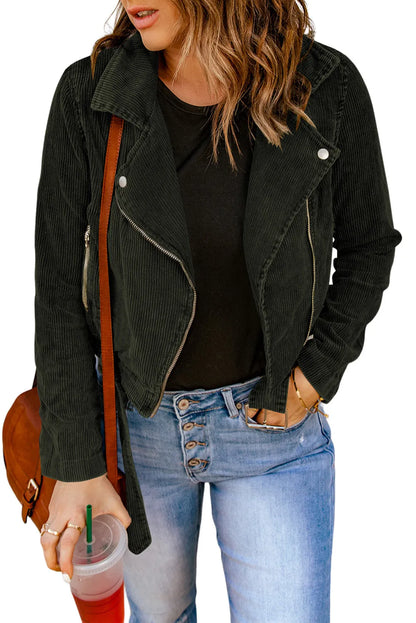 Buckle Belted Zip Up Corduroy Jacket - Chic Meadow Boutique 