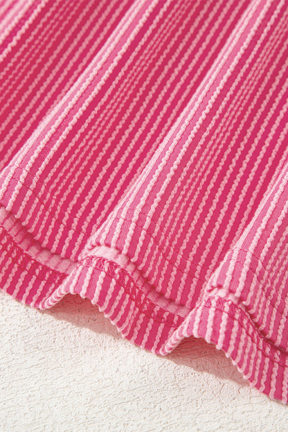 Rose Red Twisted Ribbed Knit V Neck Casual Tee