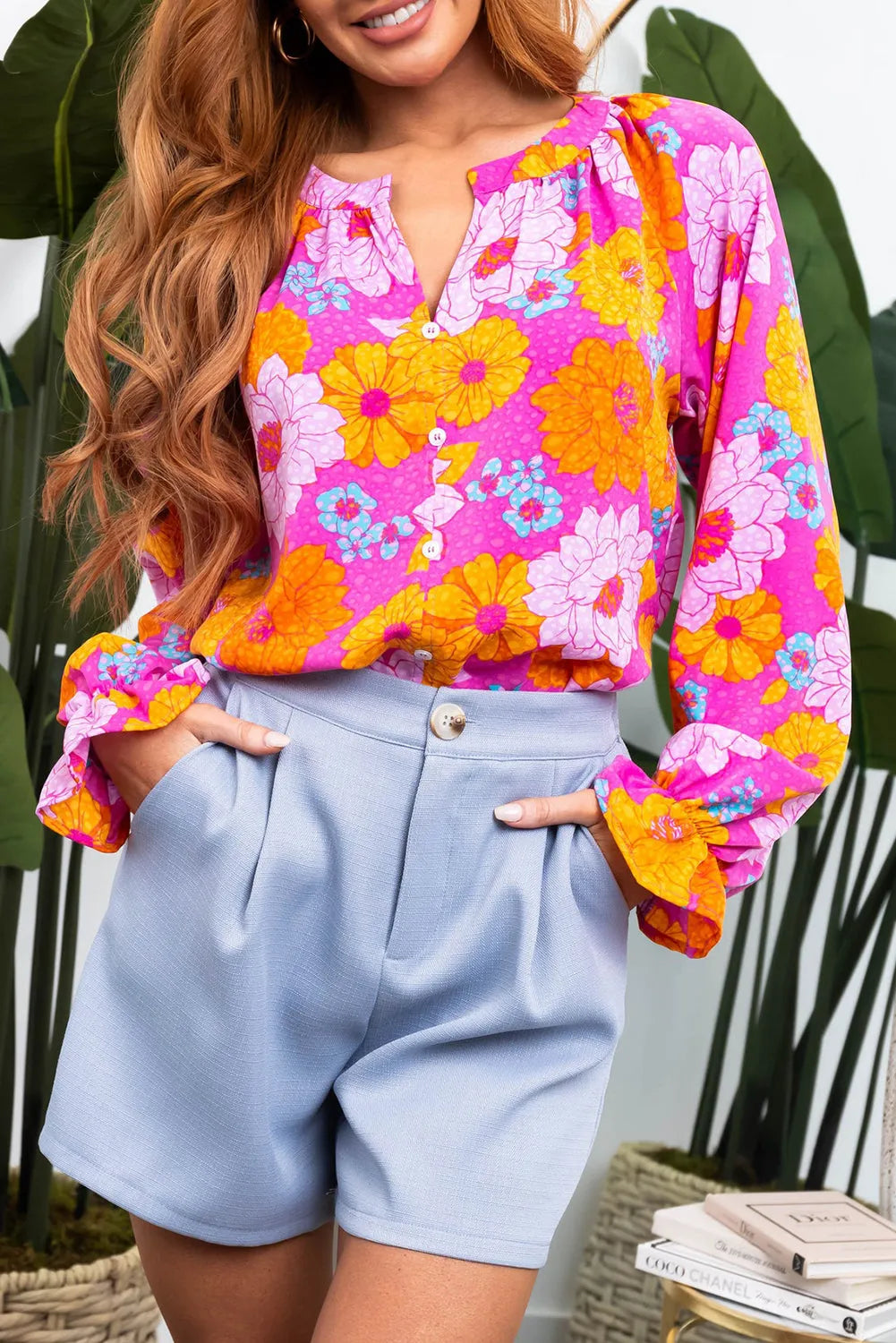 Rose Floral Print Flounce Sleeve Notched Neck Blouse - Chic Meadow Boutique 