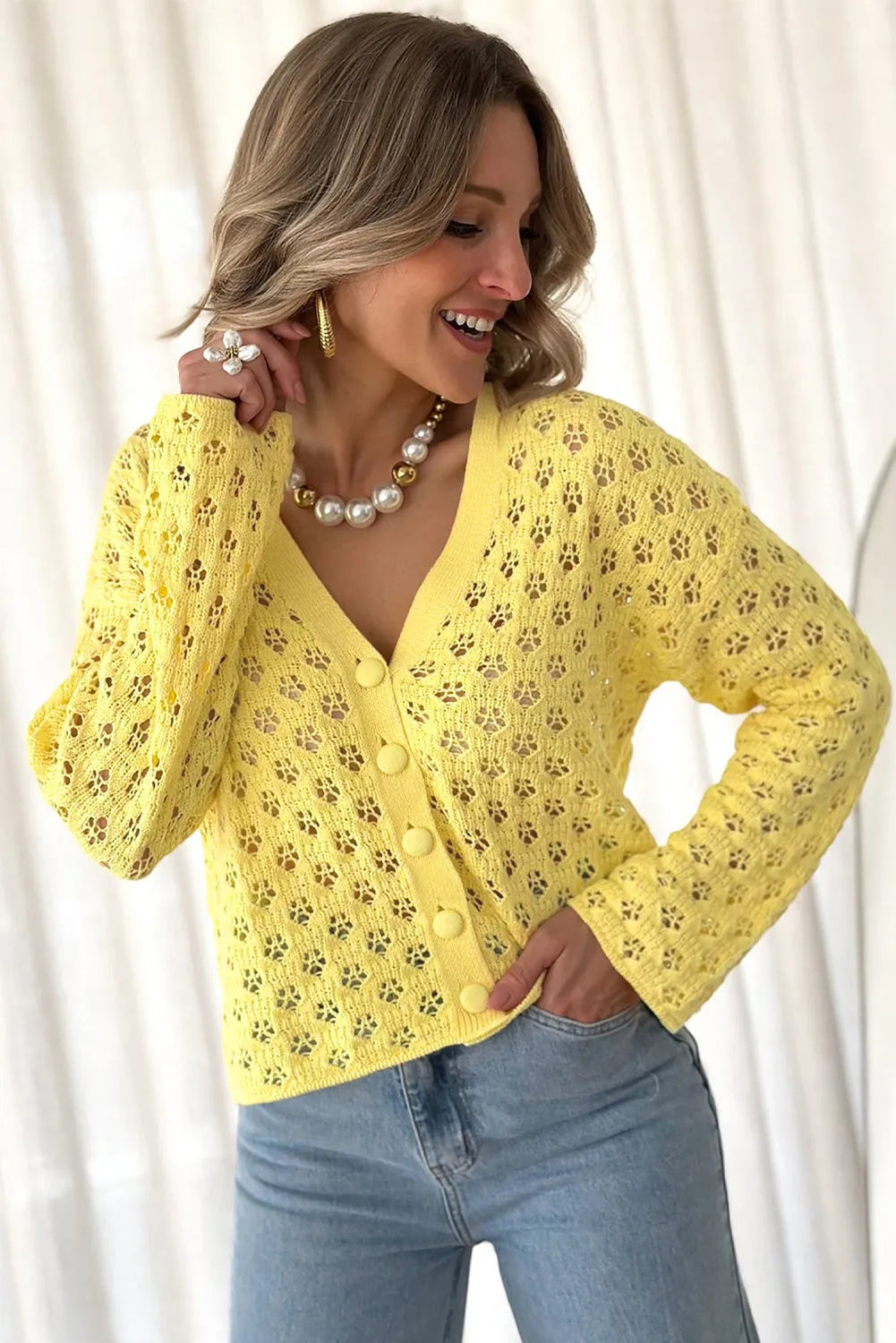 Yellow Pointelle Knit V Neck Sweater Cardigan - Chic Meadow Boutique 