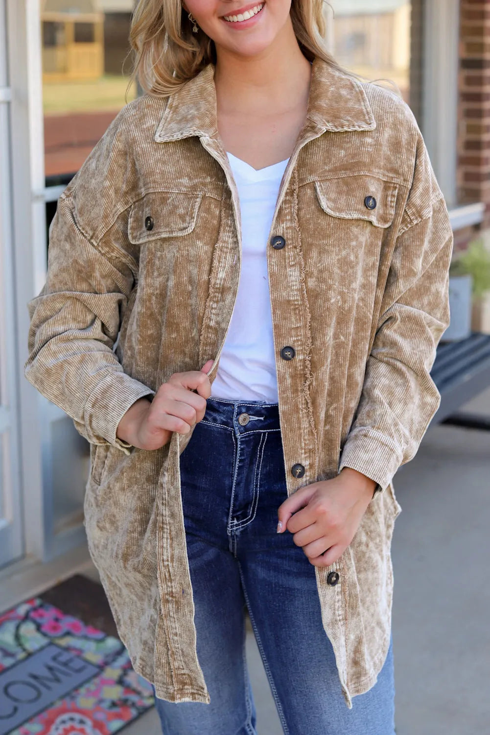 Khaki Vintage Distressed Mineral Wash Oversized Shacket - Chic Meadow Boutique 