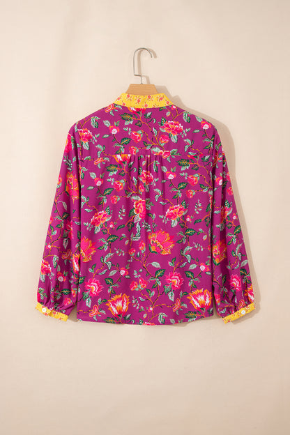 Rose Contrast Placket Split V Neck Floral Blouse