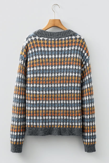 Gray Dotty Pattern Knit Button Front V Neck Sweater Cardigan