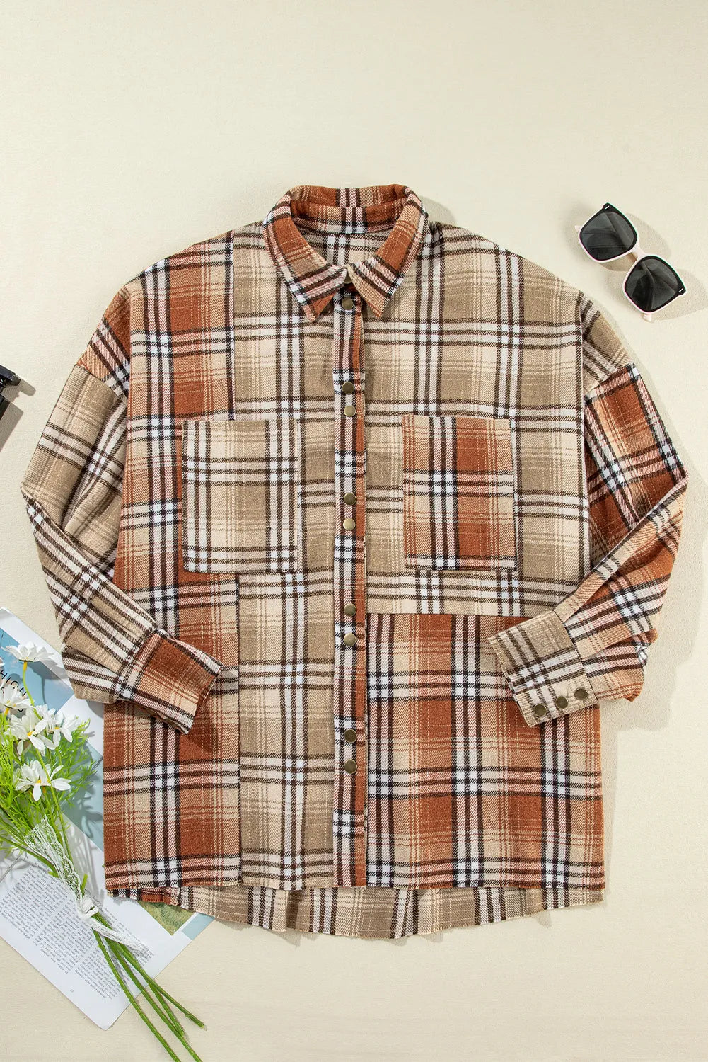 Khaki Plaid Colorblock Patchwork High Low Shacket - Chic Meadow Boutique 