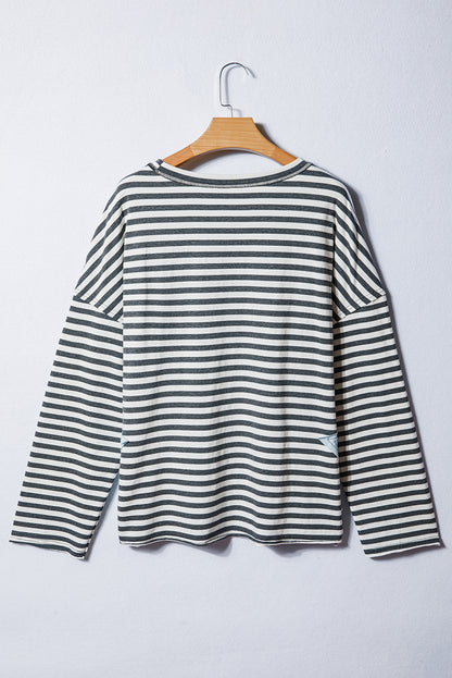 Gray Stripe Contrast Star Stitched Plus Size Long Sleeve Top