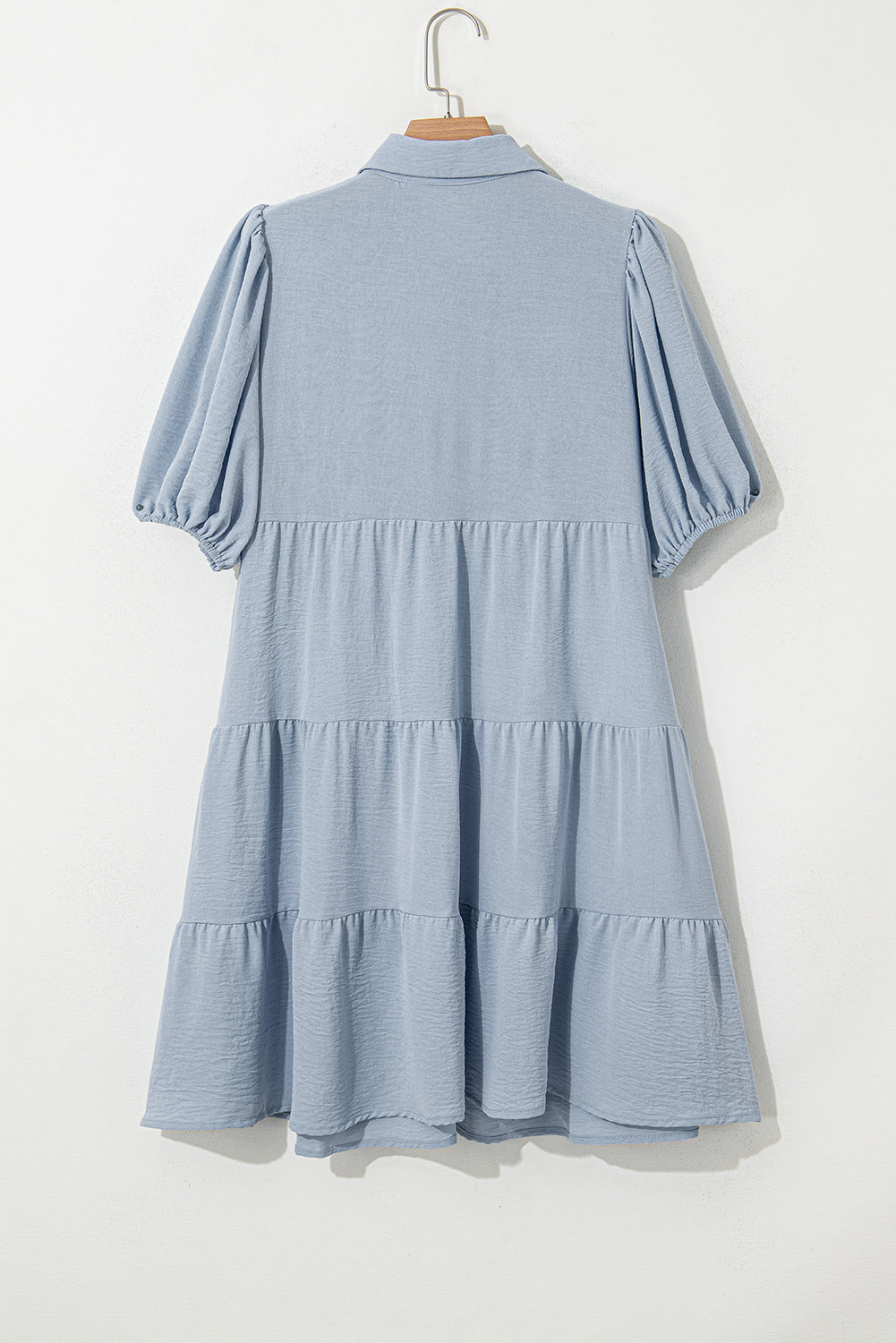 Beau Blue Shirt Collar Button Up Short Puff Sleeve Tiered Shift Dress