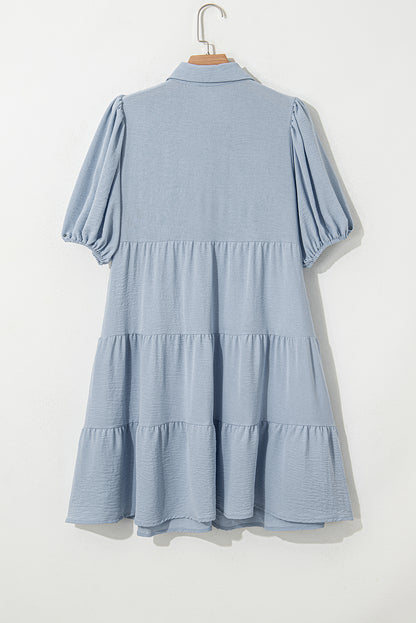 Beau Blue Shirt Collar Button Up Short Puff Sleeve Tiered Shift Dress