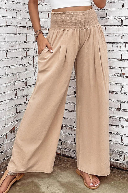 Bottoms/Pants & Culotte Khaki Smocked Wide Waistband High Waist Wide Leg Pants