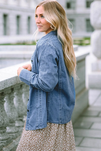 Sky Blue Button-up Long Sleeve Denim Shirt Jacket - Chic Meadow Boutique 