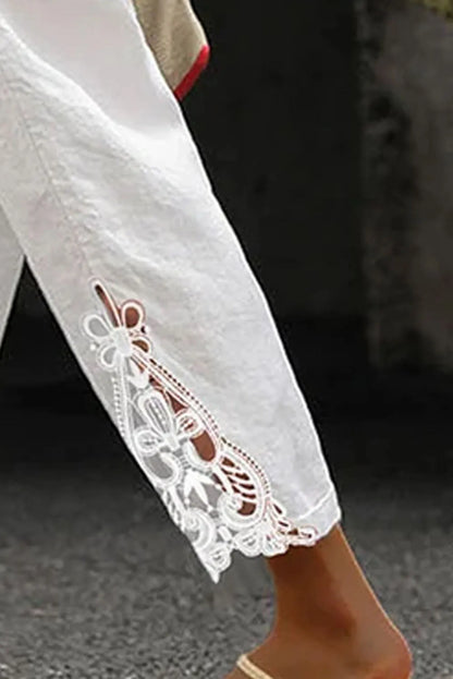 White Lace Splicing Drawstring Casual Cotton Pants - Chic Meadow Boutique 