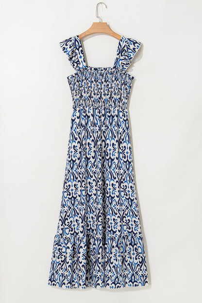 Sky Blue Boho Print Smocked High Waist Maxi Dress