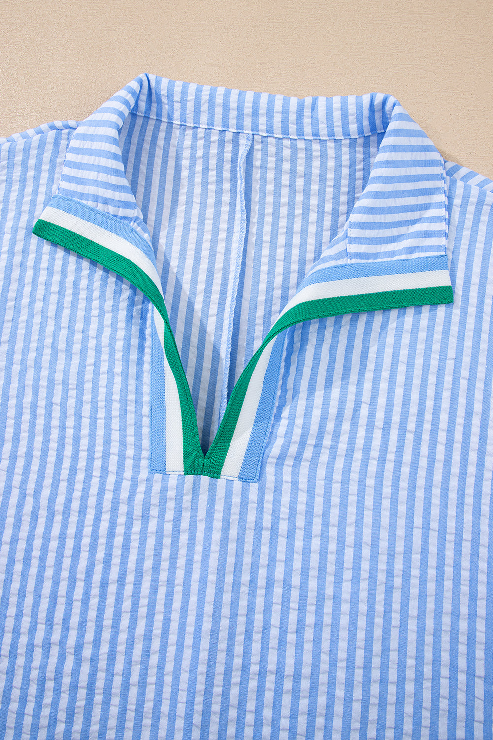 Sky Blue Striped Print Contrast Split Neck Dolman Sleeve Blouse