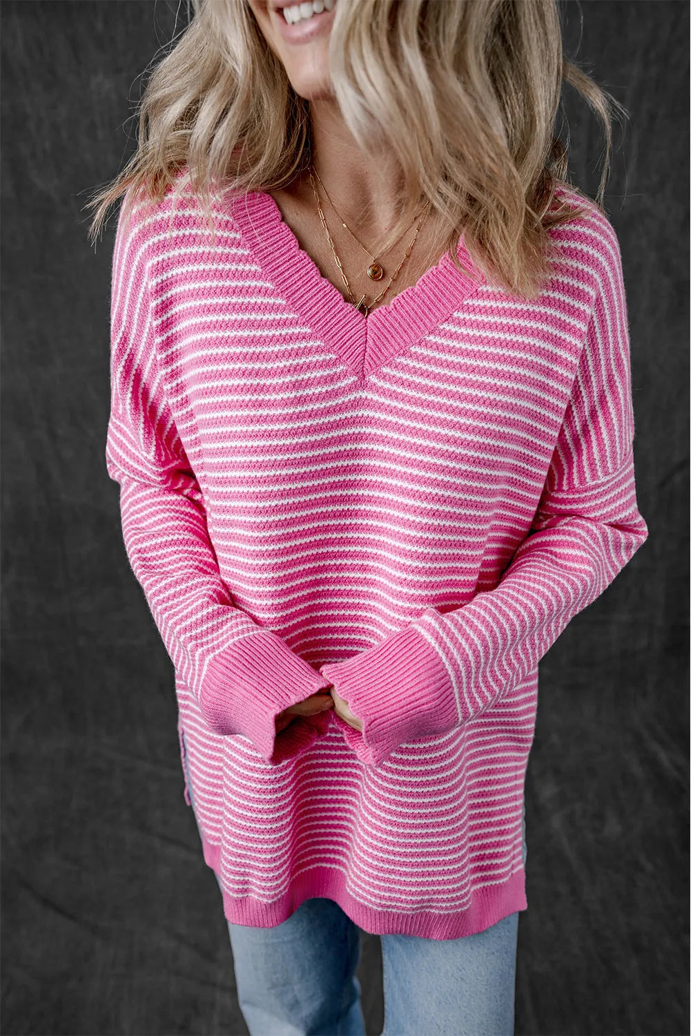 Pink Striped Scallop V Neck Loose Sweater with Slits - Chic Meadow Boutique 