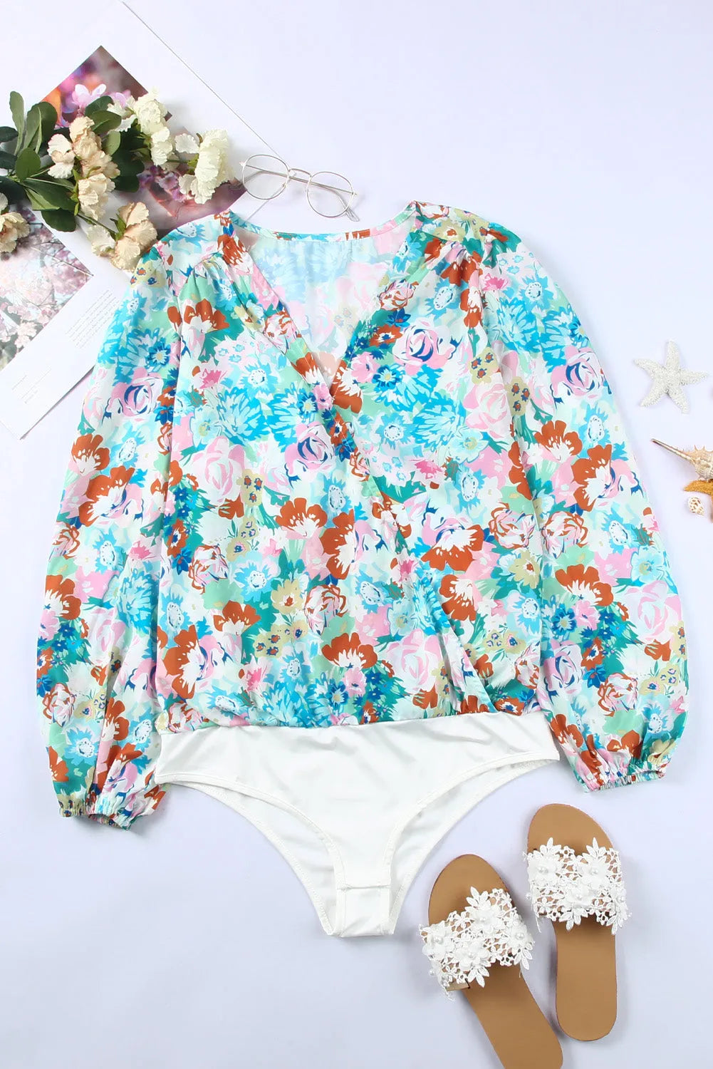 Sky Blue Floral Print Wrap Long Sleeve Bodysuit - Chic Meadow Boutique 