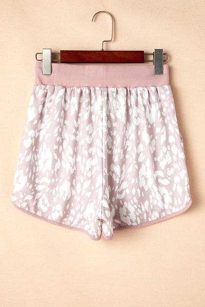 Khaki Classic Leopard Arched Hem Elastic Waist Casual Shorts