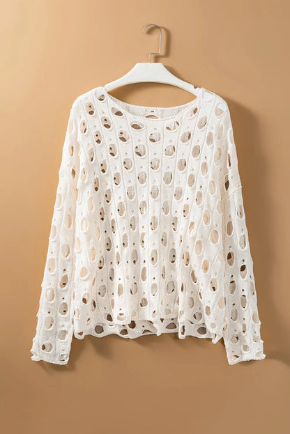 Beige Hollow-out Eyelet Knit Sweater - Chic Meadow Boutique 