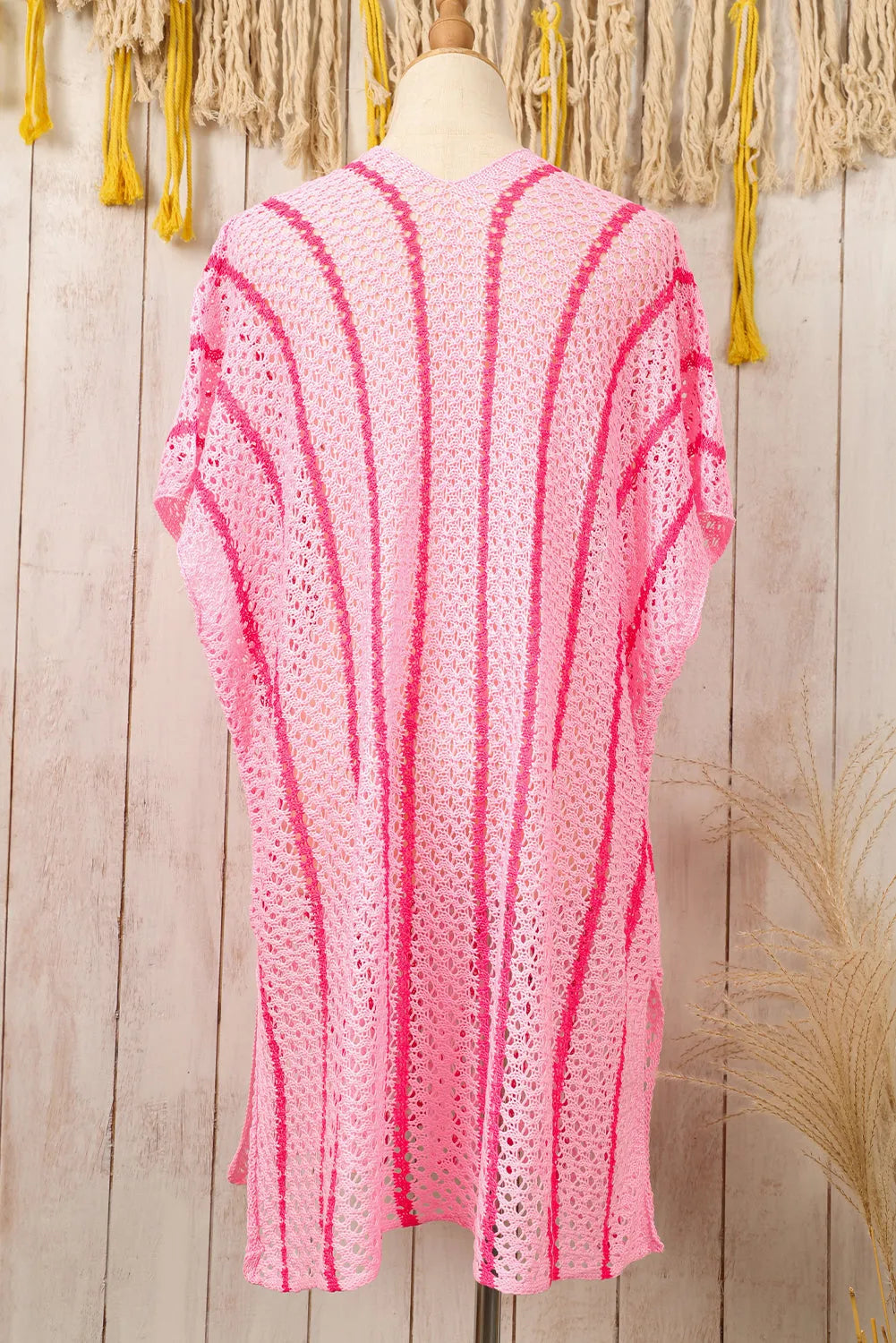 Pink Striped Crochet Loose Fit V Neck Beach Cover Up - Chic Meadow Boutique 