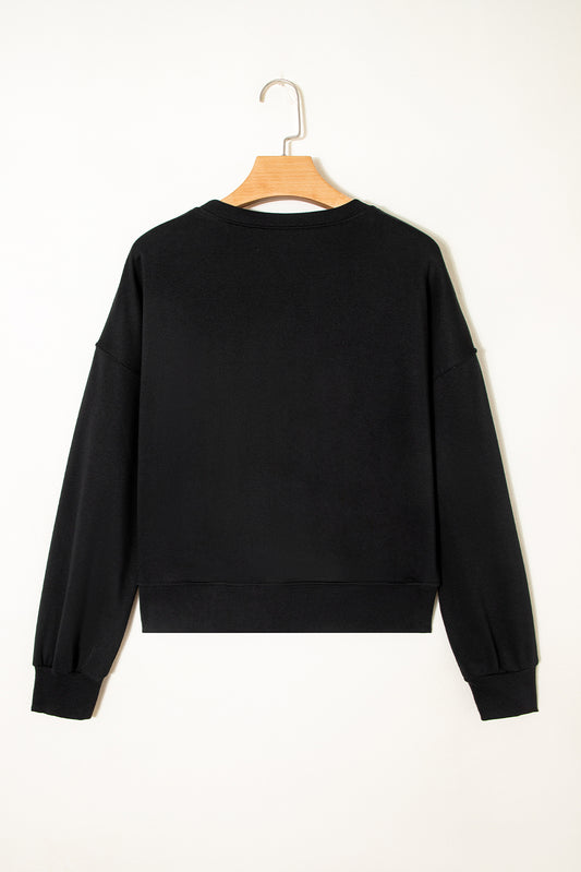 Black CLASSY UNTIL KICKOFF Plush Letter Patched Loose Sweatshirt