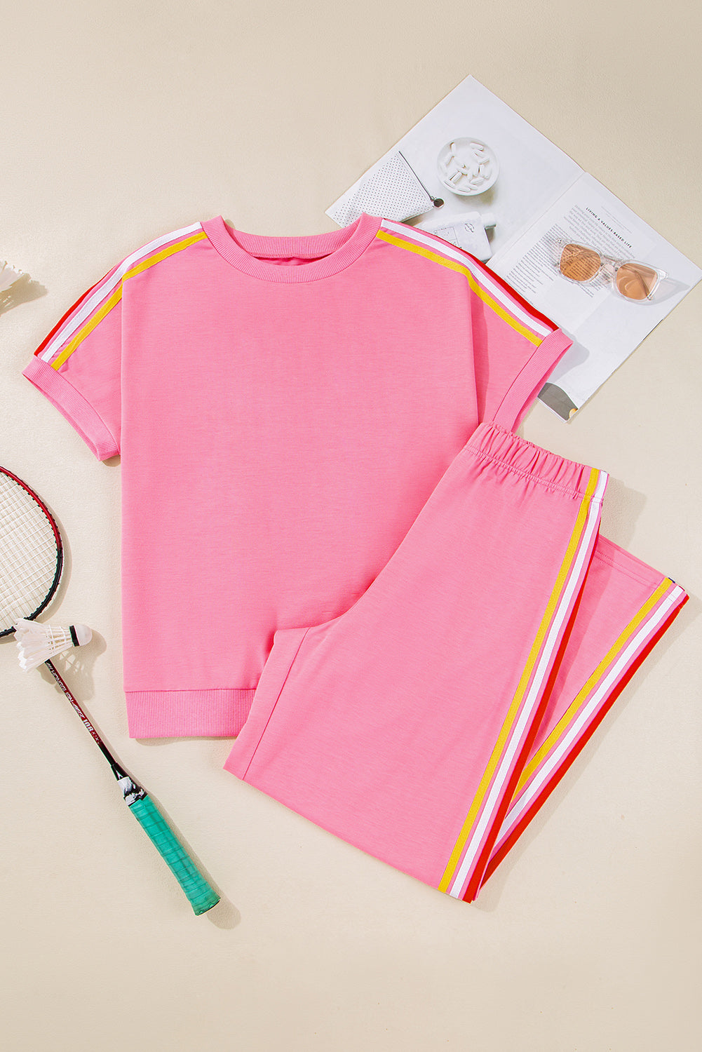 Bonbon Color Contrast Crewneck T Shirt and Wide Leg High Waist Pants Set