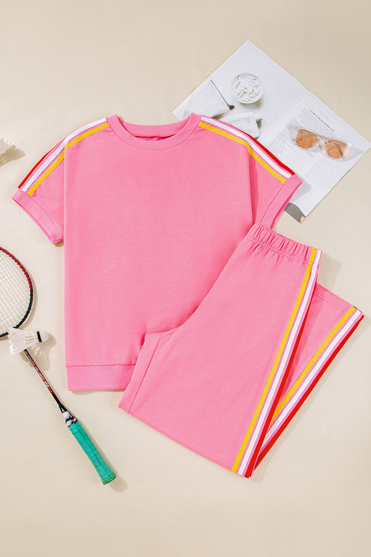 Bonbon Color Contrast Crewneck T Shirt and Wide Leg High Waist Pants Set
