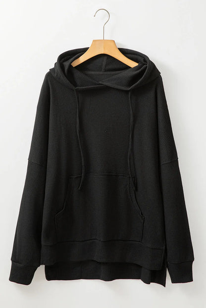 Black Waffle Knit Fleece Lined High Low Oversized Hoodie - Chic Meadow Boutique 