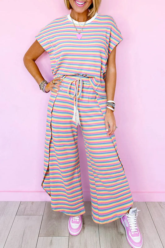 Pink Stripe Rainbow Tee Tasseled String Wide Leg Pants Set - Chic Meadow Boutique 