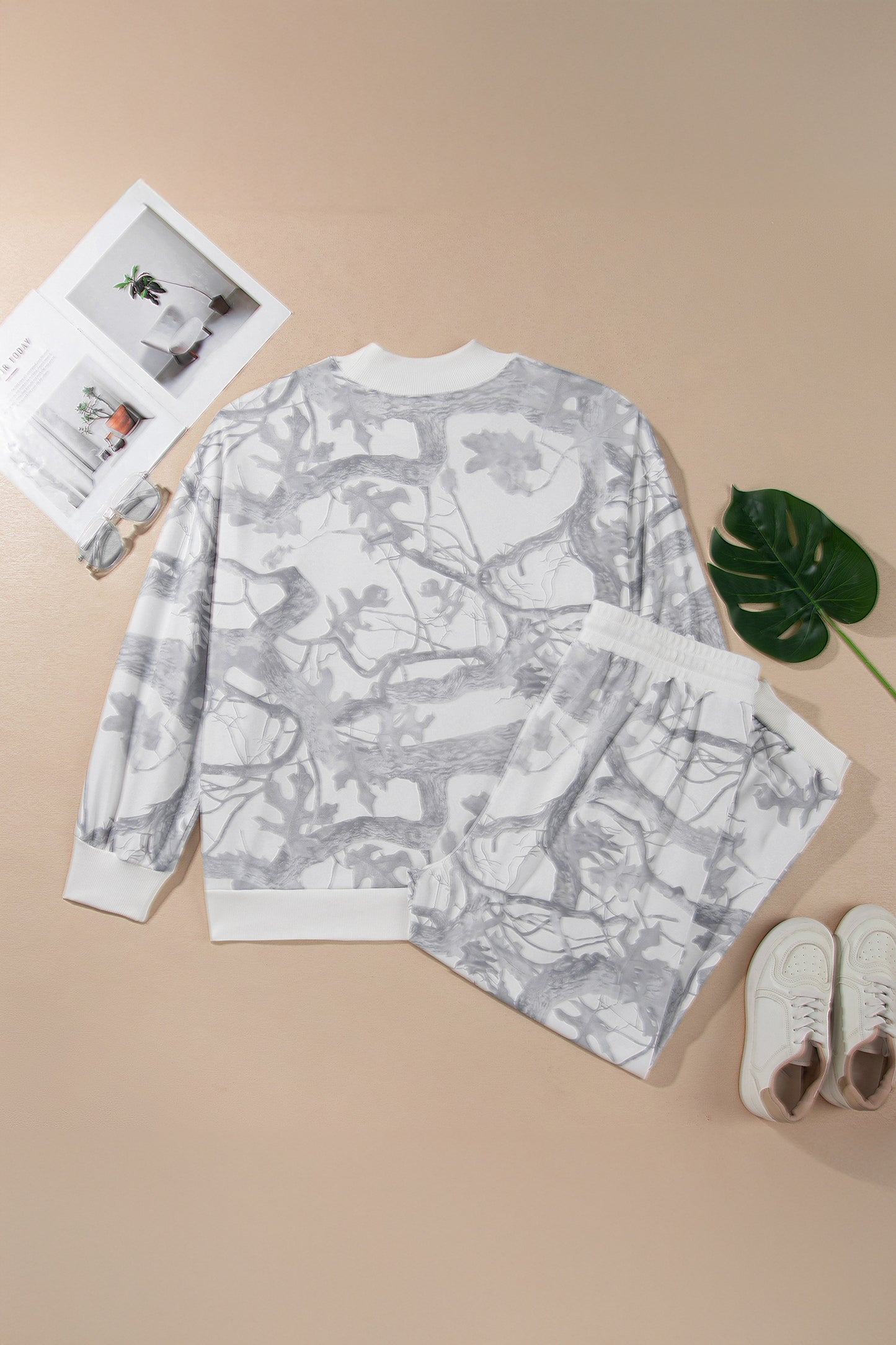 Gray Camouflage Print Stand Neck Long Sleeve Regular Fit Plus Size Set