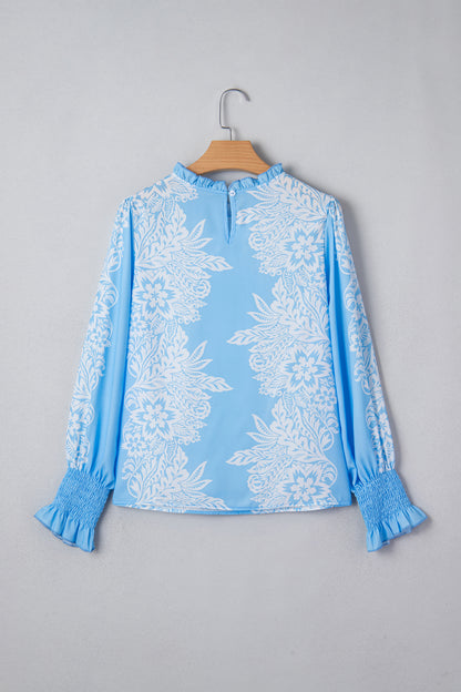 Sky Blue Ruffled Collar Puff Sleeve Flower Blouse