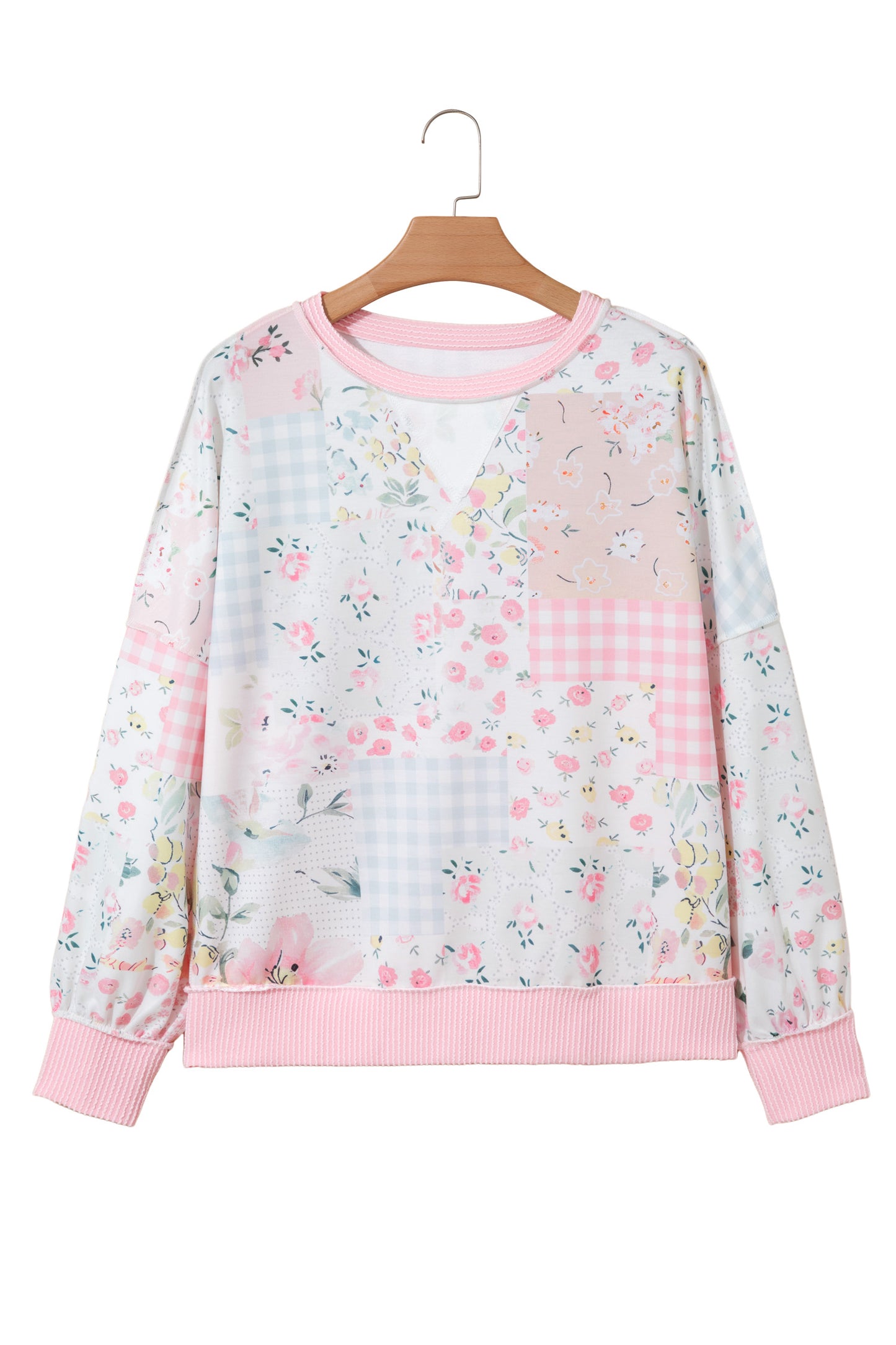 Pink Twisted Ribbed Trim Floral Print Patchwork Long Sleeve Top