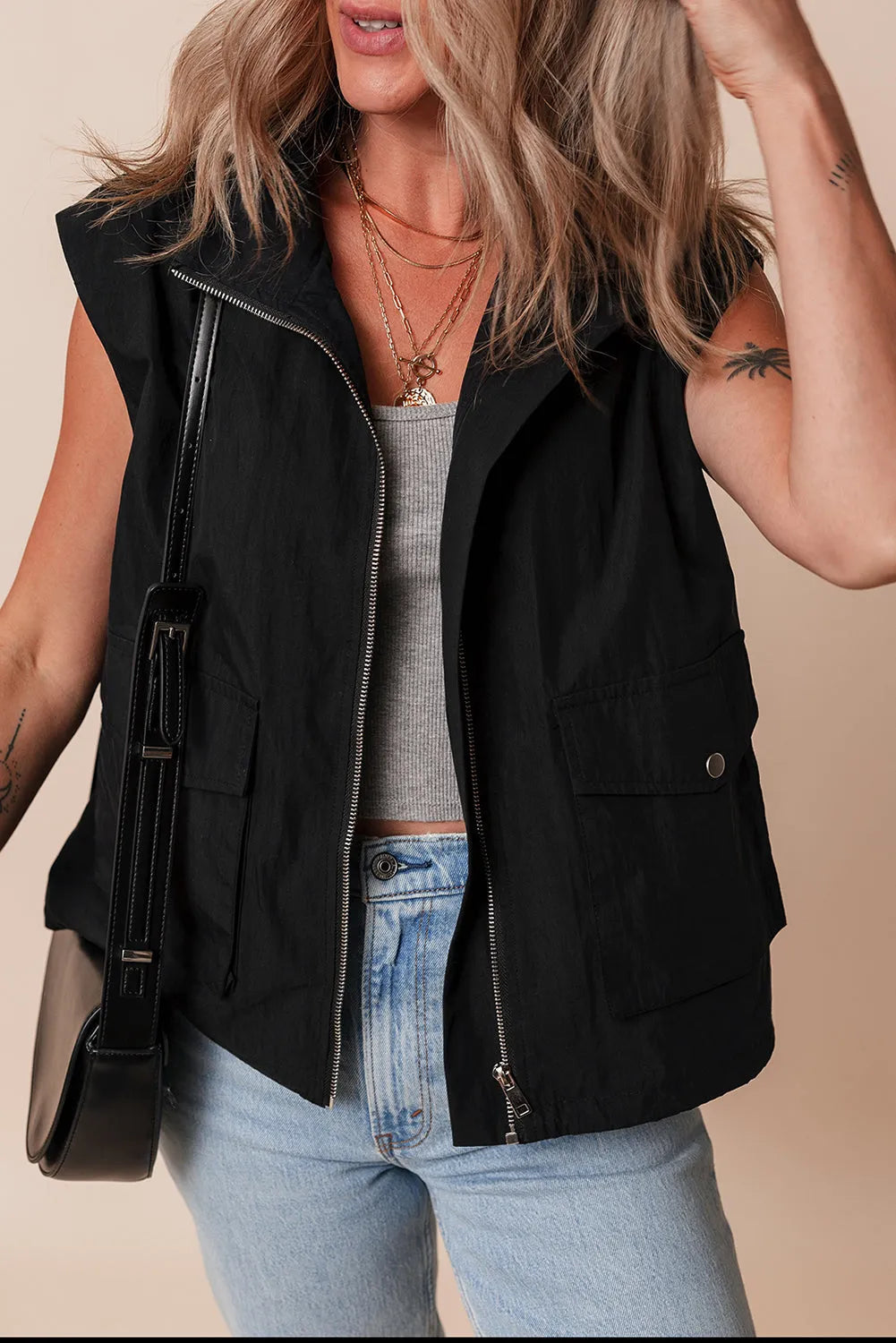 Black Flap Pockets Zip Up High Neck Vest - Chic Meadow Boutique 