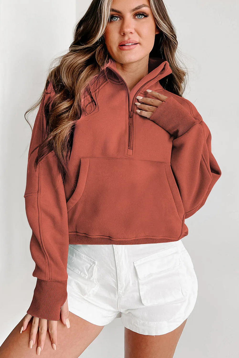 Flamingo Fleece Lined Zip Up Stand Collar Thumbhole Sleeve Sweatshirt - Chic Meadow Boutique 