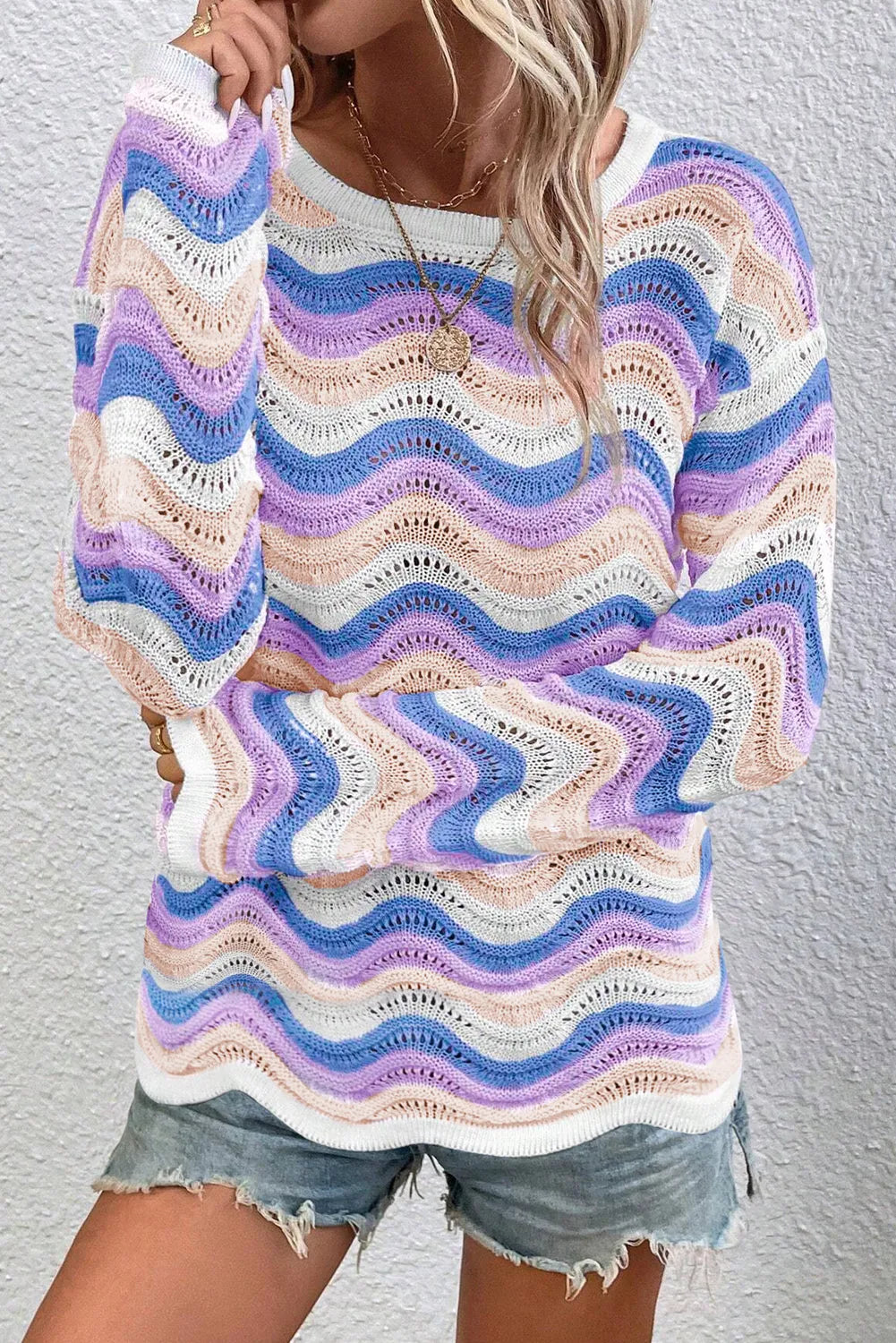 Purple Stripe Wavy Pointelle Knit Drop Shoulder Sweater - Chic Meadow Boutique 