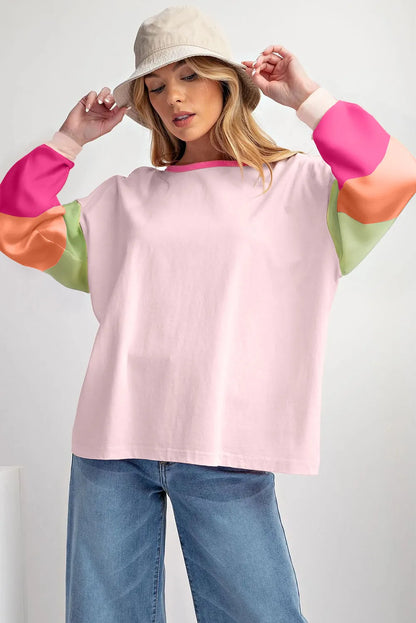 Pink Colorblock Patchwork Long Sleeve Loose Top - Chic Meadow Boutique 