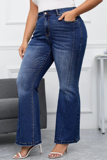 Dark Blue Plus Size Stitching Washed Flare Jeans - Chic Meadow Boutique 