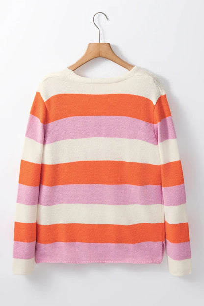 Orange Stripe Colorblock V Neck Casual Sweater - Chic Meadow Boutique 