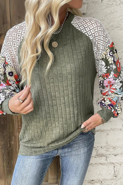 Laurel Green Floral Patchwork Long Sleeve Ribbed Blouse - Chic Meadow Boutique 