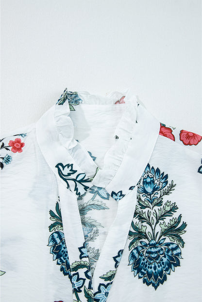 White Floral Print Frilled Collar V Neck Button Down Long Sleeve Shirt