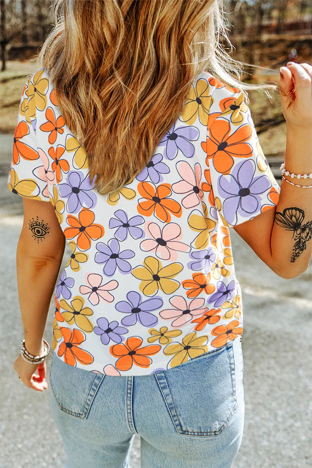 Orange Summer Flower Print Casual Round Neck T Shirt - Chic Meadow Boutique 