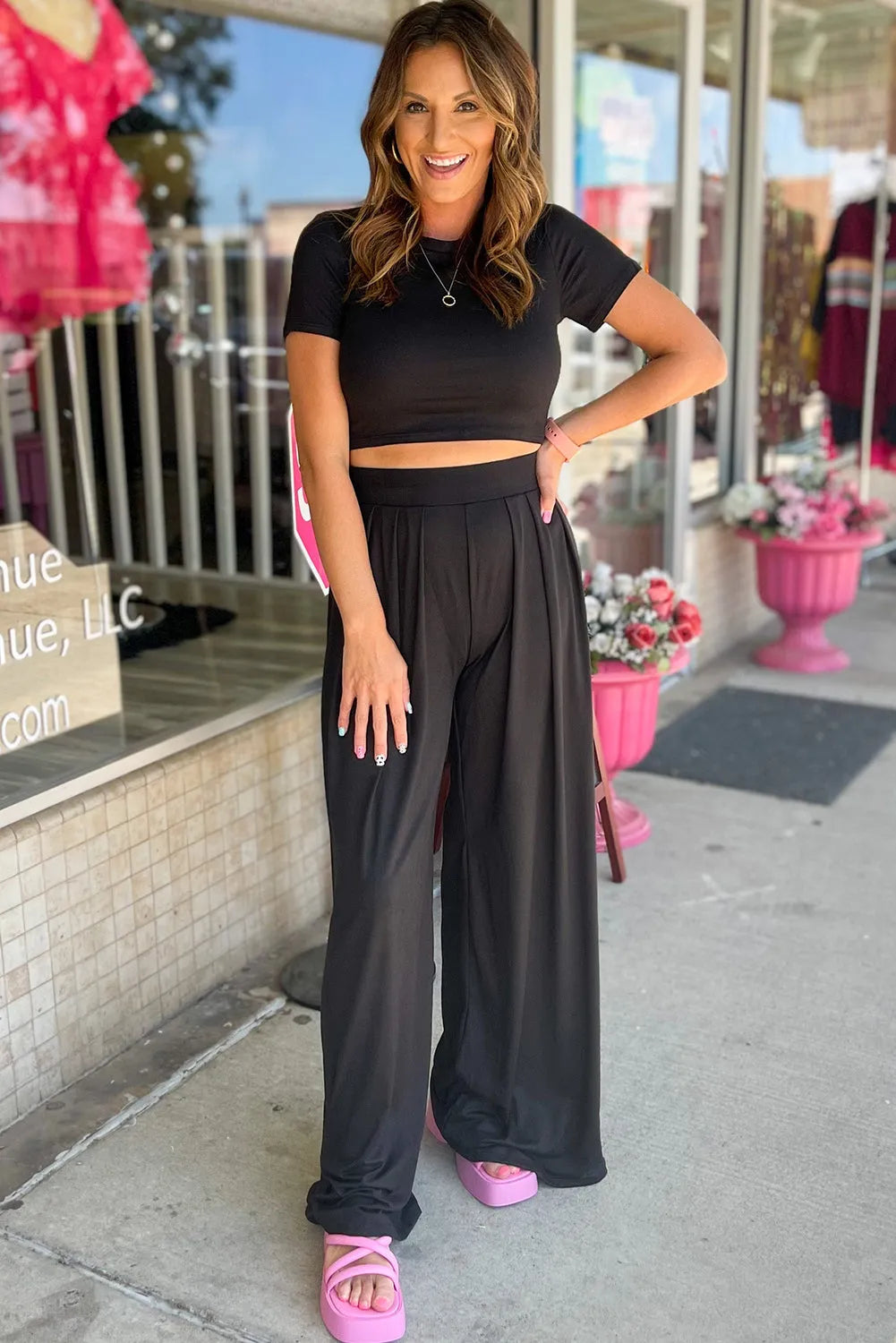 Black Slim Fit Crop Top and Pleated Wide Leg Pants Set - Chic Meadow Boutique 