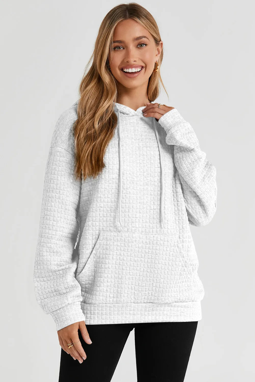 White Quilted Kangaroo Pocket Drawstring Hoodie - Chic Meadow Boutique 