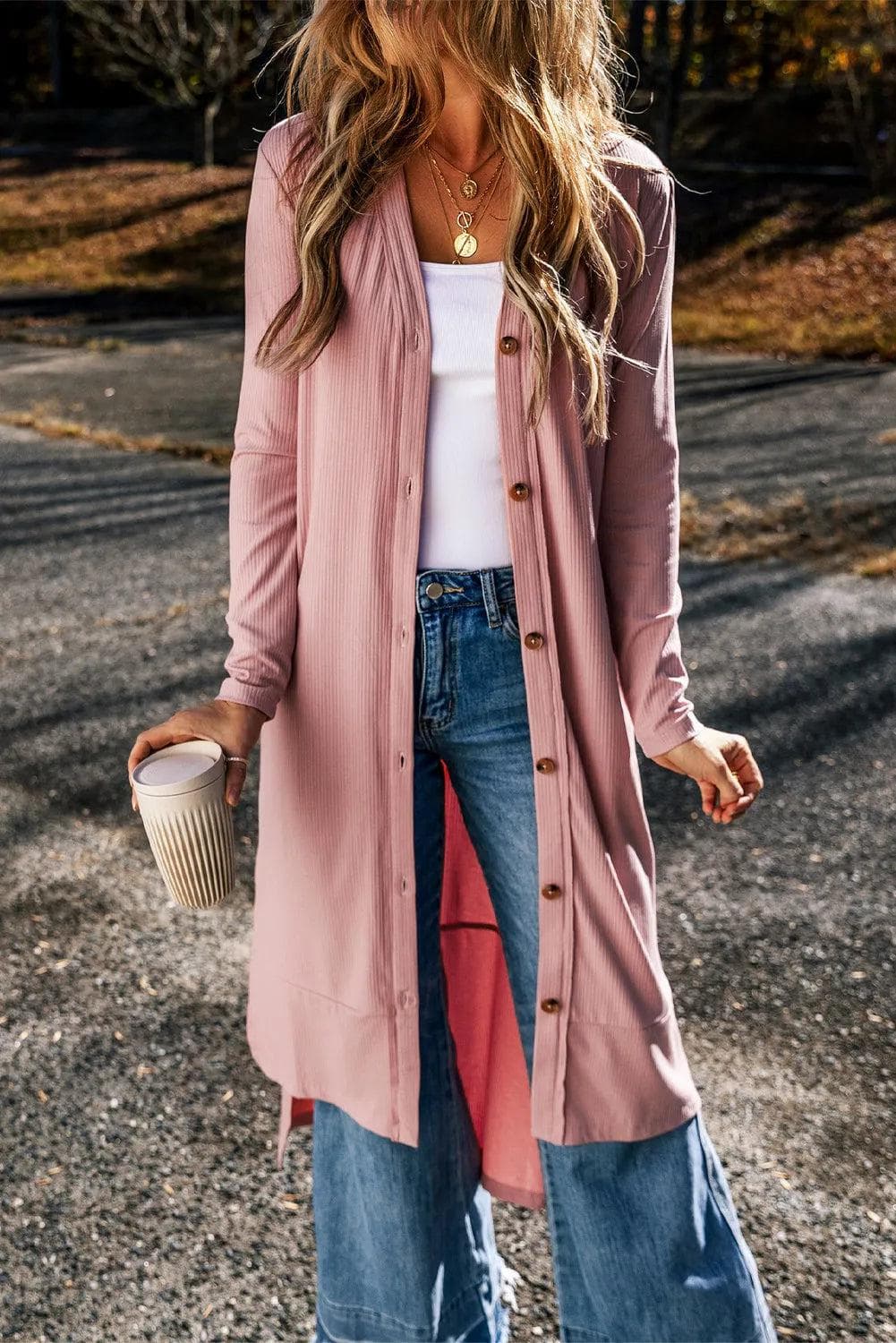 Tops/Sweaters & Cardigans Pink Ribbed Button-Up Split Duster Cardigan