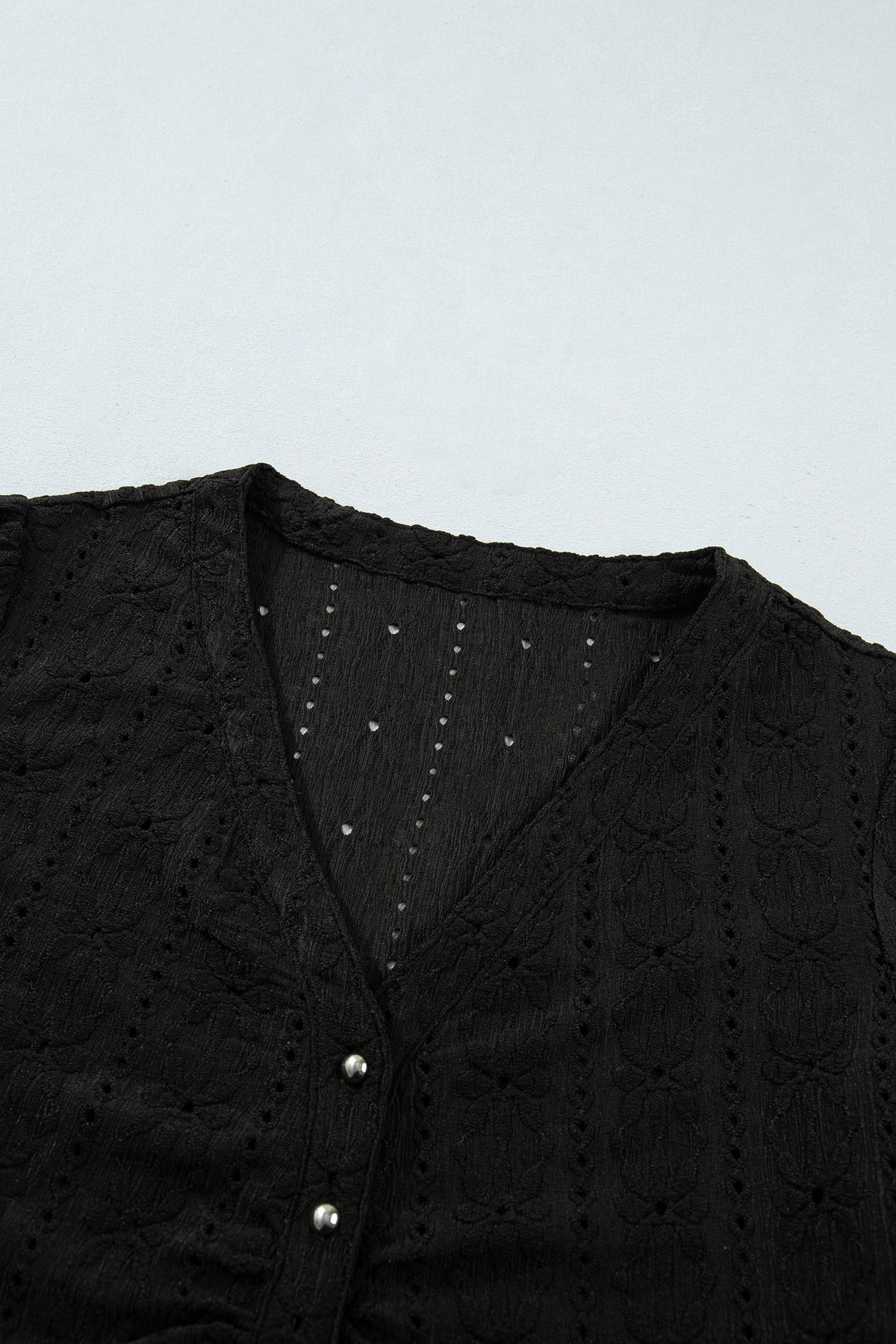 Black V Neck Floral Knit Long Sleeve Button Front Fit Blouse